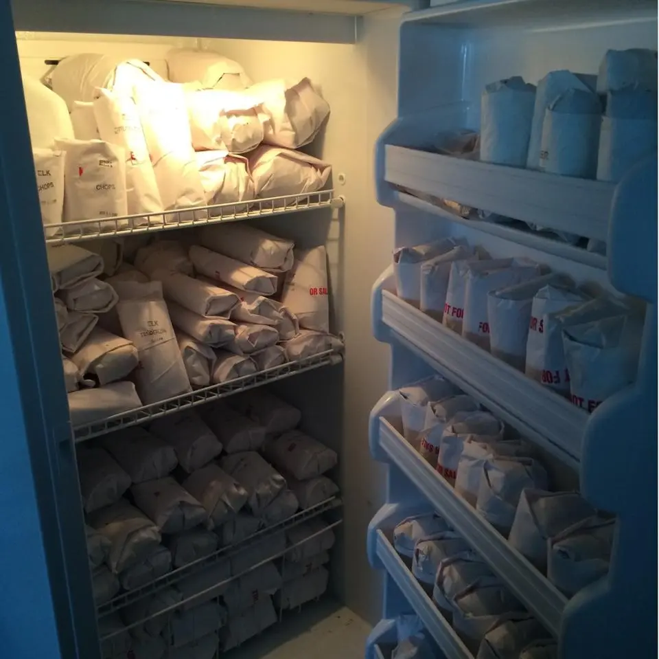 Inside of freezer stocked with meat processed by ted baker